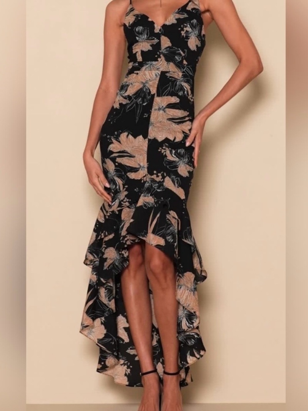 Lulu's Black High-Low Floral Ruffle Dress with Beige Print